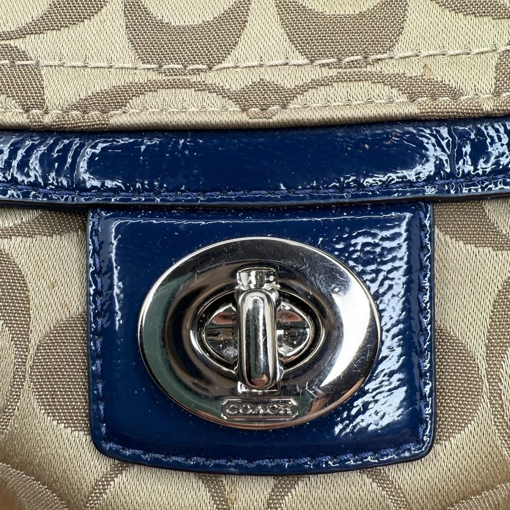 Coach 2012 Signature Jacquard Shoulder Bag Blue Leather Trim Turnlock F12699